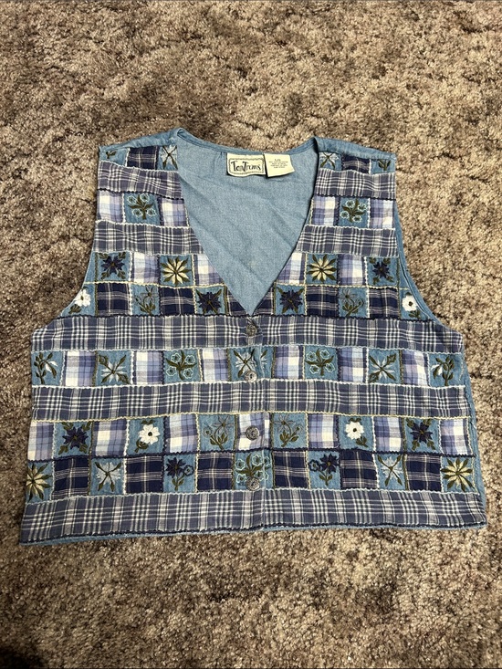 Tantrums Jackets & Blazers - Vintage Blue Plaid Embroidered Cropped Vest